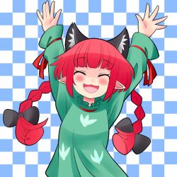Rule 34 | 1girl, ^ ^, animal ears, bad id, bad pixiv id, bow, braid, cat ears, closed eyes, closed eyes, hair bow, hair ribbon, hands up, happy, kaenbyou rin, long hair, oimo (imoyoukan), oimonocake, open mouth, pointy ears, red hair, ribbon, solo, touhou, twin braids, twintails