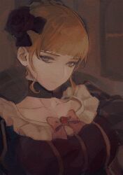 Rule 34 | 1girl, aluce, beatrice (umineko), blonde hair, blue eyes, braid, breasts, closed mouth, dress, expressionless, flower, french braid, hair bun, hair flower, hair ornament, highres, large breasts, long hair, looking at viewer, portrait, puffy sleeves, sidelocks, simple background, single hair bun, solo, striped clothes, striped dress, umineko no naku koro ni