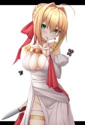 Rule 34 | 10s, 1girl, ahoge, black background, blonde hair, blush, bow, braid, breasts, cleavage, collarbone, detached sleeves, dress, earrings, fate/extra, fate (series), finger to mouth, fingernails, green eyes, groin, hair between eyes, hair bow, hair bun, hair intakes, head tilt, highres, holding, holding knife, jewelry, juliet sleeves, knife, long sleeves, medium breasts, nail polish, nero claudius (fate), nero claudius (fate) (all), nero claudius (fate/extra), nero claudius (formal dress) (fate), official alternate costume, panties, panty pull, parted lips, puffy sleeves, purple panties, red bow, red nails, shadow, shushing, sidelocks, single hair bun, solo, two-tone background, underwear, white background, white dress, yoye (pastel white)