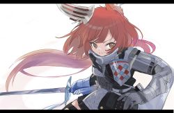 Rule 34 | arknights, commentary request, flametail (arknights), highres, holding, holding sword, holding weapon, konota ko, letterboxed, red hair, simple background, solo, sword, tagme, weapon