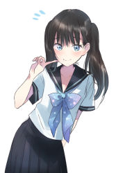 Rule 34 | 1girl, bad id, bad pixiv id, black hair, black sailor collar, black skirt, blouse, blue eyes, blue ribbon, blush, closed mouth, commentary request, cowboy shot, eyelashes, finger to cheek, hand up, index finger raised, kayanogura, leaning to the side, long hair, looking at viewer, miniskirt, neck ribbon, notice lines, original, pleated skirt, polka dot, polka dot neckwear, ribbon, sailor collar, sanpaku, school uniform, serafuku, shirt, short sleeves, simple background, skirt, smile, solo, standing, twintails, white background, white shirt