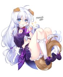 Rule 34 | 1girl, animal ears, bare shoulders, blue eyes, blush, bow, crop top, dog ears, dog tail, full body, highres, kneehighs, long hair, long sleeves, looking at viewer, maett, miniskirt, mouth hold, navel, panties, pantyshot, paw pose, petticoat, pleated skirt, purple bow, purple footwear, purple panties, purple shirt, purple skirt, shirt, sidelocks, silver hair, skirt, socks, solo, soulworker, stella unibell, striped clothes, striped panties, tail, underwear, very long hair, white socks