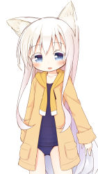 Rule 34 | 1girl, :d, animal ear fluff, animal ears, ayanepuna, blue eyes, blue one-piece swimsuit, blush, brown jacket, collarbone, colored eyelashes, dog ears, hair between eyes, highres, hood, hood down, hooded jacket, jacket, long hair, long sleeves, looking at viewer, old school swimsuit, one-piece swimsuit, open clothes, open jacket, open mouth, original, school swimsuit, shio (ayanepuna), simple background, sleeves past wrists, smile, solo, standing, swimsuit, swimsuit under clothes, very long hair, white background, white hair