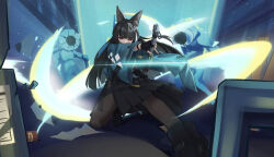 Rule 34 | 1girl, absurdres, animal ear fluff, animal ears, aqua jacket, black footwear, black gloves, black hair, black pantyhose, black skirt, blunt bangs, covered mouth, czk, debris, fingerless gloves, fox ears, fox girl, full body, gloves, hair intakes, highres, holding, holding sword, holding weapon, hoshimi miyabi, jacket, long hair, long skirt, looking at viewer, mechanical arms, mechanical hands, on one knee, open clothes, open jacket, pantyhose, red eyes, scabbard, sheath, sheathing, shirt, side slit, single mechanical arm, single mechanical hand, skirt, slashing, solo, sword, weapon, white shirt, wide sleeves, zenless zone zero