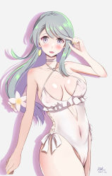 Rule 34 | 1girl, asymmetrical bangs, cameltoe, casual one-piece swimsuit, choker, covered erect nipples, cowboy shot, flower, frilled swimsuit, frills, grey hair, hair flower, hair ornament, hairband, highleg, highleg swimsuit, highres, kantai collection, long hair, looking at viewer, medium hair, official alternate costume, one-piece swimsuit, purple eyes, roku (roku28), sagiri (kancolle), side-tie swimsuit, signature, solo, swept bangs, swimsuit, white choker, white one-piece swimsuit