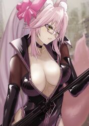 Rule 34 | 1girl, animal ear fluff, animal ears, black bodysuit, blush, bodysuit, bow, breasts, center opening, choker, cleavage, fate/grand order, fate (series), fox ears, fox girl, fox tail, glasses, gun, hair between eyes, hair bow, highres, hip vent, koyanskaya (assassin) (first ascension) (fate), koyanskaya (fate), kugiseiichi, large breasts, long hair, looking to the side, one eye closed, pink bow, pink hair, ponytail, rifle, sidelocks, sniper rifle, tail, tamamo (fate), weapon, yellow eyes