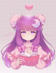 Rule 34 | 1girl, adapted costume, blush, book, bun cover, crescent, crescent hair ornament, dress, hair ornament, heart, highres, holding, holding book, iris anemone, long hair, long sleeves, open book, parted lips, patchouli knowledge, pink dress, purple eyes, purple hair, solo, touhou, upper body