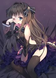 Rule 34 | 1girl, absurdres, arcaea, bad id, bad twitter id, bare shoulders, between legs, black bow, black shirt, black sleeves, black thighhighs, blue eyes, blush, bow, brown hair, commentary, detached sleeves, feet out of frame, garter straps, hair between eyes, hair bow, hair intakes, hand between legs, heart, highres, long hair, long sleeves, one eye closed, parted lips, pleated skirt, purple skirt, rubbing eyes, shirt, sketch, skirt, sleeveless, sleeveless shirt, solo, sparkle, striped, striped bow, symbol-only commentary, tairitsu (arcaea), tandohark, tears, thighhighs, very long hair, wide sleeves