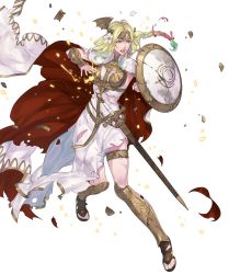 Rule 34 | 1girl, arm guards, armor, blonde hair, braid, broken shield, cape, chain, clenched teeth, dress, fire emblem, fire emblem: three houses, fire emblem heroes, flower, gradient hair, green eyes, green hair, hair flower, hair ornament, high heels, highres, lips, long dress, long hair, looking away, low-braided long hair, low-tied long hair, multicolored hair, nintendo, nishiki areku, official art, parted lips, seiros (fire emblem), sheath, sheathed, single braid, sleeveless, sleeveless dress, solo, sword, teeth, thigh strap, toeless footwear, toes, torn clothes, transparent background, two-tone hair, weapon, white background, white dress