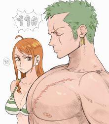 Rule 34 | 1boy, 1girl, absurdres, ahoge, bikini, bikini top only, breasts, brown eyes, closed mouth, earrings, facial hair, girl staring at guys chest (meme), green hair, highres, iago fn, jewelry, long hair, male focus, meme, muscular, nami (one piece), nipples, one piece, orange hair, pectorals, roronoa zoro, scar, scar across eye, scar on chest, short hair, sideburns stubble, simple background, stubble, swimsuit, topless male, upper body