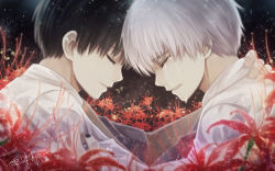 Rule 34 | 10s, 2boys, angel31424, black hair, dual persona, closed eyes, field, flower, flower field, forehead-to-forehead, heads together, hug, kaneki ken, multiple boys, open mouth, short hair, smile, spider lily, tears, time paradox, tokyo ghoul, white hair