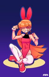 Rule 34 | 00s, 1girl, ;d, akazutsumi momoko, andava, blue background, bow, clenched hands, earrings, fingerless gloves, flat chest, full body, gloves, hair bow, highres, hyper blossom, jewelry, leotard, long hair, one eye closed, open mouth, orange hair, powerpuff girls z, red bow, red eyes, shoes, sitting, smile, solo, thighhighs, very long hair, white thighhighs