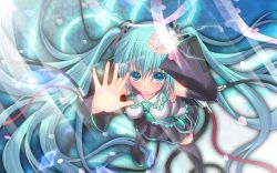 Rule 34 | 1girl, against glass, aqua eyes, aqua hair, bad id, bad pixiv id, blue eyes, boots, broken glass, crack, fourth wall, glass, hair ornament, hatsune miku, long hair, maryquant, multiple tails, necktie, skirt, solo, tail, thighhighs, twintails, vocaloid