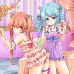 Rule 34 | 2girls, aihara kaori, album cover, bare shoulders, bed, blue eyes, blue hair, blue panties, blush, bow, clothes hanger, collarbone, cover, cover image, frills, highres, holding, leg ribbon, lingerie, long hair, looking at viewer, momobako, multiple girls, negligee, original, panties, pink eyes, pink hair, pink panties, ribbon, rojiko, star (symbol), thigh ribbon, thigh strap, twintails, underwear