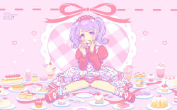 Rule 34 | 1girl, absurdres, blush stickers, cake, candy, cherry, commentary, commission, cupcake, doughnut, dress, empty plate, eyelashes, fondue, food, fork, fruit, hairband, heart, highres, holding, holding food, ice cream, juliet sleeves, licking lips, lolita fashion, lolita hairband, long sleeves, looking at viewer, macaron, muffin, original, pie, polka dot, polka dot dress, polka dot socks, puffy sleeves, purple eyes, purple hair, red shirt, shirt, skeb commission, solo, strawberry, strawberry cake, sugar cube, sweet lolita, sweets, tongue, tongue out, twintails, uxu uxa axa, wrapped candy