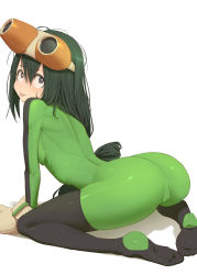 Rule 34 | 1girl, :p, all fours, arched back, arm support, ass, asui tsuyu, back, black thighhighs, bodysuit, boku no hero academia, breasts, cameltoe, cleft of venus, dark green hair, feet, frog girl, from behind, gloves, goggles, goggles on head, green bodysuit, hair between eyes, highres, kuroneko pantsu, long hair, looking at viewer, looking back, sanpaku, shiny clothes, simple background, solo, spread legs, stirrup legwear, thighhighs, toeless legwear, tongue, tongue out