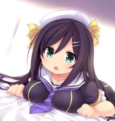 Rule 34 | 1girl, between breasts, black dress, black hair, breast press, breasts, character request, chestnut mouth, dress, green eyes, hair ornament, hairclip, hat, headband, highres, indie virtual youtuber, long hair, lying, neckwear between breasts, on stomach, open mouth, original, sailor collar, solo, tamase tama, virtual youtuber, white headband