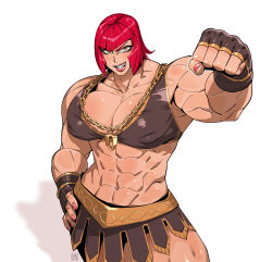 Rule 34 | 1girl, abs, absurdres, chain, chain necklace, fingerless gloves, gloves, gold chain, hand on own hip, highres, jewelry, marisa (street fighter), ming liu, muscular, muscular female, necklace, partially fingerless gloves, red hair, short hair, skirt, sports bra, street fighter, street fighter 6
