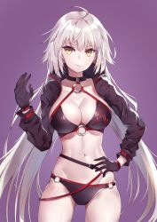 Rule 34 | 1girl, absurdres, ahoge, atora, bad id, bad pixiv id, belt, bikini, black bikini, black choker, black gloves, black jacket, blush, breasts, choker, closed mouth, collarbone, cropped jacket, fate/grand order, fate (series), gloves, hand on own hip, highres, hip focus, jacket, jeanne d&#039;arc alter (swimsuit berserker) (fate), jeanne d&#039;arc (fate), jeanne d&#039;arc alter (fate), jeanne d&#039;arc alter (swimsuit berserker) (fate), large breasts, long hair, looking at viewer, navel, o-ring, o-ring bikini, pale skin, purple background, silver hair, simple background, smile, solo, swimsuit, thighs, very long hair, yellow eyes
