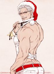 Rule 34 | 1boy, back, back focus, bara, bare back, bare shoulders, bird, chick, christmas, colonel sanders, facial hair, from behind, glasses, goatee, hat, highres, i reibun, kfc, looking at viewer, male focus, mature male, muscular, muscular male, mustache, old, old man, pants, pectorals, revision, santa hat, seductive smile, short hair, sideburns, sidepec, smile, solo, tight clothes, tight pants, vest, white hair, white pants, white vest