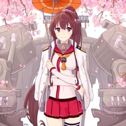 Rule 34 | 10s, 1girl, bad id, bad pixiv id, brown eyes, brown hair, cherry blossoms, hair ornament, highres, jacket, kantai collection, kise (swimmt), long hair, ponytail, smile, solo, umbrella, very long hair, yamato (kancolle)