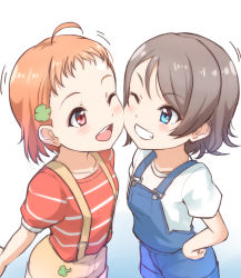 Rule 34 | 2girls, ;d, aged down, ahoge, blue eyes, cheek-to-cheek, child, clover hair ornament, grey hair, grin, hair ornament, hand on own hip, heads together, kanabun, love live!, love live! sunshine!!, multiple girls, one eye closed, open mouth, orange hair, overalls, red eyes, red shirt, shirt, short sleeves, smile, striped clothes, striped shirt, suspenders, takami chika, watanabe you