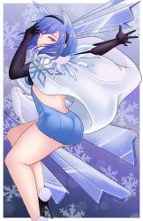 Rule 34 | 1girl, ass, blue dress, blue eyes, blue hair, breasts, cape, dress, elbow gloves, fire emblem, fire emblem heroes, from behind, gloves, hairband, high heels, highres, ice, looking at viewer, looking back, nifl (fire emblem), nintendo, short dress, short hair, sideboob, smile, solo, xxpulp