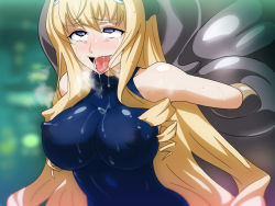 Rule 34 | 10s, 1girl, ahegao, arm grab, bare arms, bare shoulders, blonde hair, blue eyes, bodysuit, breasts, cecilia alcott, covered erect nipples, drill hair, heavy breathing, infinite stratos, large breasts, long hair, open mouth, rolling eyes, saliva, shiny skin, simple background, sleeveless, solo focus, standing, sweat, tears, tongue, tongue out, upper body