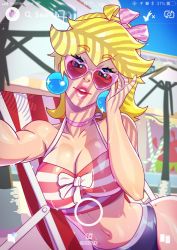 Rule 34 | 1girl, adjusting eyewear, adjusting glasses, beach chair, beach umbrella, bikini, blonde hair, blue eyes, breasts, choker, cleavage, collarbone, commentary, dappled sunlight, day, earrings, english text, grand-sage, hairband, halterneck, hand on eyewear, hand up, head tilt, heart, heart-shaped eyewear, highres, jewelry, large breasts, light smile, lips, long hair, looking at viewer, mario (series), mole, mole on body, navel, nintendo, outdoors, outstretched arm, parted lips, fake phone screenshot, pink-tinted eyewear, pink-tinted glasses, princess peach, selfie, solo, stomach, striped, sunglasses, sunlight, sweat, swimsuit, tan, tanline, teeth, thick lips, tinted eyewear, umbrella, upper body, upper teeth only, user interface