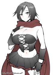 Rule 34 | 1girl, absurdres, alternate breast size, black hair, breasts, cleavage, closed mouth, commentary, corset, cowboy shot, detached sleeves, fingerless gloves, ge-b, gloves, hand on own chest, highres, large breasts, looking at viewer, midriff, miniskirt, pleated skirt, red scarf, ruby rose, rwby, scarf, simple background, skirt, solo, spot color