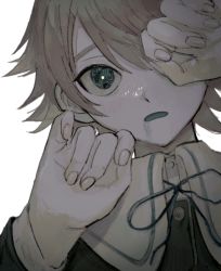 Rule 34 | 1boy, black ribbon, blush, bright pupils, brown hair, bruise, bruise on face, buttons, circuit board, close-up, collared shirt, computer chip, danganronpa: trigger happy havoc, danganronpa (series), eyebrows hidden by hair, fujisaki chihiro, green eyes, grey background, hands up, highres, injury, looking at viewer, male focus, neck ribbon, one eye covered, open mouth, portrait, ribbon, sema (vivaviva 02), shirt, short hair, simple background, solo, white pupils
