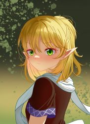 Rule 34 | 1girl, absurdres, blonde hair, blush, brown shirt, closed mouth, commentary request, expressionless, green background, green eyes, hair between eyes, half updo, highres, looking at viewer, looking to the side, miujo, mizuhashi parsee, pointy ears, scarf, shirt, short hair, short ponytail, short sleeves, solo, touhou, upper body, white scarf