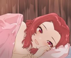 Rule 34 | 1girl, blush, breasts, cleavage, fang, flower, forehead, girls und panzer, highres, looking at viewer, lying, on bed, on side, pov across bed, red eyes, rose, rosehip (girls und panzer), short hair, skin fang, smile, solo, under covers, zono (inokura syuzo029)