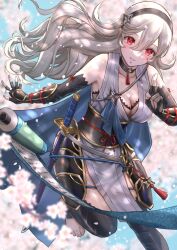 Rule 34 | 1girl, bare shoulders, barefoot, black choker, black gloves, black hairband, black thighhighs, blush, breasts, cherry blossoms, choker, cleavage, collarbone, commentary, corrin (female) (fire emblem), corrin (female) (ninja) (fire emblem), corrin (fire emblem), elbow gloves, english commentary, fingerless gloves, fire emblem, fire emblem fates, fire emblem heroes, fishnets, floating hair, flower, gloves, grey hair, grey kimono, grin, hairband, highres, japanese clothes, katana, kimono, kuji-in, lips, long hair, looking at viewer, medium breasts, ninja, nintendo, official alternate costume, pelvic curtain, petals, pink flower, pink lips, red eyes, scroll, scroll tube, short kimono, sleeveless, sleeveless kimono, smile, snow20200, solo, sword, thighhighs, toes, twitter username, weapon