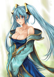Rule 34 | 1girl, :p, bare shoulders, blue eyes, blue hair, blush, breasts, cleavage, erementa, large breasts, league of legends, long hair, low neckline, matching hair/eyes, musical note, solo, sona (league of legends), tongue, tongue out, twintails