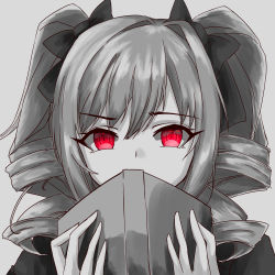 Rule 34 | absurdres, book, covering own mouth, drill hair, hair ornament, hair ribbon, highres, holding, holding book, idolmaster, idolmaster cinderella girls, kanzaki ranko, long eyelashes, looking at viewer, monochrome, red eyes, ribbon, simple background, solo, twin drills, twintails, vaviva