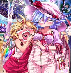 Rule 34 | 6+girls, adapted costume, anger vein, angry, animal ears, bag, blonde hair, blue hair, blue jacket, blush, breasts, carrot pin, closed eyes, closed mouth, commentary request, cowboy shot, crying, crying with eyes open, crystal, demon wings, fangs, fins, flandre scarlet, flower, frilled kimono, frills, full moon, futaba channel, genba neko (meme), green hair, green kimono, hair ornament, handbag, hat, hat flower, head fins, heart, heart hair ornament, indoors, jacket, japanese clothes, kimono, komeiji koishi, komeiji satori, looking at another, mall, medium breasts, mermaid, monster girl, moon, multiple girls, nail polish, night, open mouth, overall shorts, overalls, pink hair, pink headwear, pink overalls, rabbit ears, red flower, red nails, red overalls, red rose, red wings, reflective floor, reisen udongein inaba, remilia scarlet, rose, shimizu pem, shopping, short hair, siblings, sisters, smile, sun hat, tantrum, tears, tile floor, tiles, touhou, v-shaped eyebrows, wakasagihime, window, wings, yellow overalls
