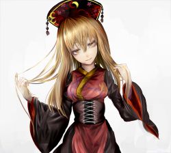 Rule 34 | 1girl, black dress, blonde hair, breasts, chinese clothes, colored eyelashes, corset, dress, expressionless, floral print, grey background, hair between eyes, half-closed eyes, hands in hair, hat, head tilt, highres, houdukixx, junko (touhou), long hair, long sleeves, looking at viewer, medium breasts, solo, tabard, touhou, wide sleeves, yellow eyes