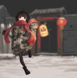 Rule 34 | 1girl, ahoge, architecture, black thighhighs, blurry, blurry background, brown hair, camouflage, digital camouflage, double bun, east asian architecture, green eyes, hair bun, highres, holding, lantern, looking at viewer, original, outdoors, paper lantern, scarf, sleeves past wrists, snow, solo, tanto (tc1995), thighhighs