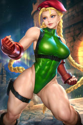 Rule 34 | 1girl, abs, adjusting clothes, adjusting leotard, blonde hair, blue eyes, blurry, blurry background, braid, breasts, cammy white, capcom, curvy, drill hair, feet out of frame, fingerless gloves, gloves, green leotard, hat, highleg, highleg leotard, large breasts, leotard, long hair, neoartcore, parted lips, red gloves, red hat, shiny skin, skin tight, sleeveless, smile, solo, street fighter, thighs, thong leotard, twin braids, twin drills, very long hair, wide hips