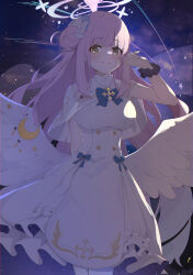 Rule 34 | 1girl, band (skymole01), blue archive, dress, halo, highres, looking at viewer, mika (blue archive), pink hair, school uniform, solo, white dress, white wings, wings