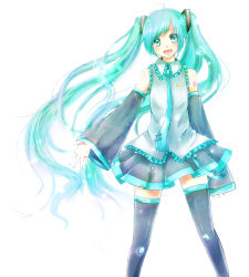 Rule 34 | 1girl, aqua eyes, aqua hair, detached sleeves, hatsune miku, long hair, mirin, necktie, open mouth, simple background, skirt, solo, sparkle, thighhighs, twintails, very long hair, vocaloid, white background