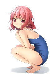 Rule 34 | 1girl, barefoot, blue one-piece swimsuit, commentary request, competition school swimsuit, full body, highres, looking at viewer, one-piece swimsuit, original, red eyes, red hair, school swimsuit, shibacha, short hair, simple background, solo, squatting, swimsuit, wavy hair, white background