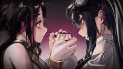 2girls bare_shoulders black_hair black_nails bracelet commentary demon_girl demon_horns english_commentary goggles goggles_on_head gold_bracelet gradient_background hair_between_eyes hair_ornament hair_ribbon hand_focus high_ponytail highres horns jewelry korean_commentary long_hair long_sleeves looking_at_another mixed-language_commentary mole mole_under_eye multicolored_hair multiple_girls original own_hands_clasped own_hands_together parted_lips pink_eyes pink_hair pink_ribbon priite_hari_(torriet) ribbon shirt simple_background torriet two-tone_hair upper_body white_shirt white_sleeves