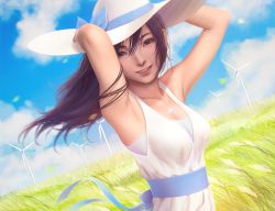 Rule 34 | 1girl, armpits, arms up, bad id, bad pixiv id, black eyes, black hair, blue sky, cloud, day, dress, hat, highres, jewelry, long hair, looking at viewer, miura-n315, necklace, original, outdoors, parted lips, pendant, sky, smile, solo, summer, sun hat, sundress, teeth, white hat, wind, wind turbine, windmill