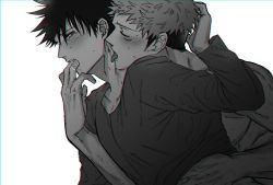 Rule 34 | 2boys, blush, closed eyes, collarbone, commentary request, drooling, facial mark, finger in another&#039;s mouth, finger sucking, fushiguro megumi, fushirun rung, hand under clothes, hand under shirt, highres, itadori yuuji, jujutsu kaisen, licking, licking another&#039;s neck, long sleeves, looking at another, male focus, monochrome, multiple boys, muscular, muscular male, saliva, shirt, short hair, spiked hair, sweatdrop, tears, tongue, tongue out, topless male, undercut, upper body, yaoi