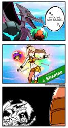 Rule 34 | 1girl, 3koma, abs, blonde hair, breasts, cleavage, comic, commentary, dancing, dark samus, dragonith, english text, closed eyes, facepalm, highres, metroid, metroid: zero mission, metroid (creature), metroid prime, mole, mole under mouth, monster, nintendo, outstretched arms, ponytail, possessed, ridley, samus aran, shantae, shantae (series), short shorts, shorts, smile, speech bubble, super smash bros., sweat, toned, wristband, | |