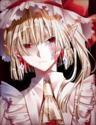 Rule 34 | 1girl, :|, ascot, bow, closed mouth, collar, collared shirt, commentary, crystal, earrings, flandre scarlet, flower, flower tattoo, frilled collar, frills, hat, hat bow, highres, jewelry, looking at viewer, mob cap, nubezon, pink flower, pink rose, pointy ears, red bow, red eyes, rose, shirt, short hair, sidelocks, solo, tattoo, touhou, white hat, white shirt, yellow ascot