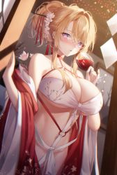Rule 34 | 1girl, absurdres, alcohol, azur lane, bad id, bad pixiv id, bare shoulders, blonde hair, breasts, choker, cleavage, cup, dress, drinking glass, flower, glorious (azur lane), glorious (pungent plum) (azur lane), hair flower, hair ornament, hair stick, heart, heart-shaped pupils, highres, holding, holding cup, huge filesize, large breasts, long hair, looking at viewer, meoyo, official alternate costume, purple eyes, red choker, red dress, revealing clothes, solo, symbol-shaped pupils, wide sleeves, wine, wine glass