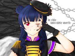 Rule 34 | 1girl, artist name, artist request, asymmetrical wings, band uniform, black gloves, black hat, black nail polish, black nails, black shirt, black wings, blue hair, blush, braid, breasts, collared shirt, epaulettes, female focus, fingerless gloves, frilled sleeves, frills, gloves, hair bun, hair over shoulder, hat, highres, in the unstabe world, in the unstabe world (love live!), long hair, looking at viewer, love live!, love live! school idol festival, love live! sunshine!!, mini hat, mismatched wings, nail polish, parted lips, pink eyes, purple eyes, shirt, short sleeves, shoulder pads, side bun, single hair bun, smile, solo, tsushima yoshiko, twin braids, upper body, v, v over eye, white wings, wings